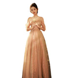 MQTIME  -  Women Sexy Off-shoulder Long Party Prom Gowns Sweet Fairy Champagne Sequin Evening Dress Vestido