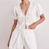 MQTIME  -  Summer Cotton Cut-out Stitching Design Sense Set Women's Summer New V-neck Short Sleeve Lace-up Top Shorts Two-piece Set