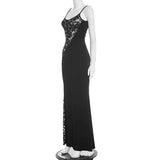 MQTIME  -  Lace Patchwork Bodycon Camisole Maxi Dress Women Fashion Spaghetti Straps Backless Slim Birthday Party Long Robe Evening Gown