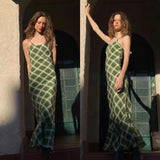 MQTIME  -  Vintage Green Plaid · French Light Luxury Diagonal Cut Silk Double Crepe Large Swing Fishtail Skirt Long Strap Dress