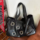 MQTIME  -  Harajuku-style Y2k Cool Large-capacity Punk Dark PU Tote Bags Metallic Ring Holes Storage Bag Handbag Women's Bags Shoulder Bag