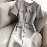 MQTIME  -  Elegant Women Formal Party Midi Dress Summer New Fashion Short Sleeve Single Breasted Office Lady A-Line Dresses with Belt 305B