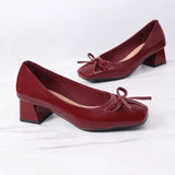 MQTIME  -  Elegant Ballet Wine Red Bowknot Medium Heel Pumps Women Summer Classic Square Toe Thick Heel Pumps Women Black Office Shoes