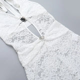 MQTIME  -  Metal Buckle Hollow Out See Through Lace Flare Jumpsuits Women Sexy V Neck Lace-up Halter Backless Slim Club Overalls Rompers