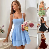 MQTIME  - 2024 Spring/Summer Fashion Open Back Bow Tie Lace Sexy Hanging Strap Solid Color Casual Elegant Women's Wear Mini Dress YSQ05