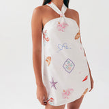 MQTIME  -  Elegant Floral Print Halter Neck Backless Dress Women s Summer Sleeveless Casual Mini Dress Solid Color Fashion