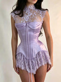 MQTIME  -  Custom Ivory High Neck Evening Dress Floral Lace Corset Prom Dresses Mini Vestidos De Noche Ruffle Formal Evening