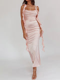 MQTIME  -  Elegant Sleeveless Maxi Dress with Flattering Ruched Detail and Chic V-Neckline for Women s Evening Party Wear