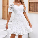 Mqtime 2025 Summer New Chic Hollow Out White Party Dress Women New Sexy Lace Mini Dresses Female Vintage Elegant A-line Short Dresses