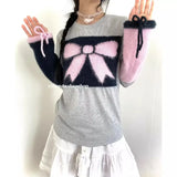 Mqtime Y2K Vintage Bow Embroidery Lace-up Long-sleeved T-shirt Women Autumn New Korean O-neck Contrast Color Patchwork Casual Tops