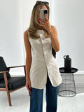 MQTIME  -  Striped Sleeveless Vest Women Casual O-neck Slim Single-breasted Long Jackets Female Vintage Offiice Lady Top Fashion Streetwear