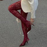 MQTIME  -  Women Y2K Floral Mesh Patterned Tights Coquette Lace See Through Pantyhose Stockings Sexy High Waist Sheer Leggings Stockings