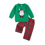 MQTIME  -  Boys Christmas 2Pcs Outfits Long Sleeve O Neck Reindeer Embroidery Tops Plaid Pants Sets with Matching Santa Hat