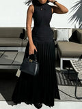 MQTIME  -  Black Dress For Women Summer Sleeveless Fashion Split-Joint High Neck Pleated Bodycon Party Evening Maxi Dresses
