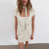 MQTIME  -  Retro Polka Dot Mini Dress Tie-neck Cutout Chic Bodycon Women Dresses Party Stylish Female Bold Casual Trendy Cute Night Wear