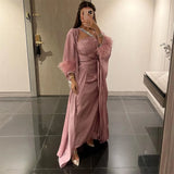 Mqtime Luxury Satin Evening Party Gown Muslim Open Abaya Dress Wrap Skirt 3 Piece Set Shiny Dubai Islam Vestido Moroccan Caftan Outfits