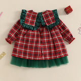 MQTIME  -  0-3Y Princess Baby Girls Christmas Dress Ruffles Plaid Long Sleeve Plaid Print Bowknot Lace Tulle Dress