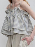  MQTIME  -  Summer Short Korean All Match Striped Print Slash Neck Spaghetti Strap Camis