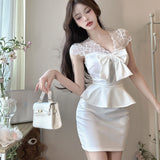 MQTIME  -  Celebrity Girl Sexy Dresses Fake Two Pieces Perspective Lace Splicing Short Sleeve Ruffle Edge Hip Wrap Dress Tide