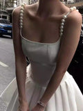 MQTIME  -  Elegant White Pearl Spaghetti Strap Mini Dress Asymmetrical Pleated Birthday Dress For Women Summer Fashion Ladies Dresses