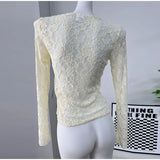 MQTIME  -  Sexy Lace Lace-Up Hollow Out Slim Tops Women Fashion V-Neck Full Sleeve Slim Female T-Shirt 2025 Summer Autumn Chic Lady Shirts