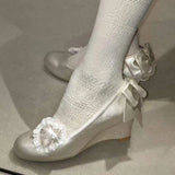 MQTIME  -  Japanese Vintage Gothic Style Lolita Shoes Women Sweets Polka Dot Print Lace Bow Metal Button Mary Jane Shoes Fashion Wedge Heel