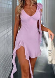 MQTIME  -  Summer Sexy Girl V-Neck Solid Mesh Tassel Mini Dress New Style Fashion Slimming Sweet Asymmetrical Ruffled Dresses for Women