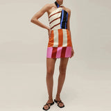 MQTIME  -  Backless Sexy Island Beach Mini Dress Casual Bohemian Slim Summer Coquette Short Dresses Blocking Color Lady Halter Tie Up Dress