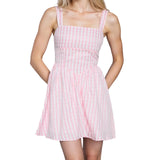  MQTIME  -  Women s Sleeveless V-Neck Floral Print Mini Dress with Ruffled Hem and Smocked Waist for Summer Beach Vacation