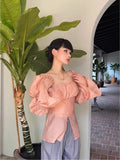 MQTIME  -  French Retro Pleated Shirt For Women'S Haute Couture Pink Off The Shoulder And Waist Collection Chic Small Top