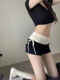 MQTIME  -  Sport Contrast Patchwork Shorts for Women Lace Up Shirring Elastic High Waist Short Pants Sexy Girl Tight Shorts Summer