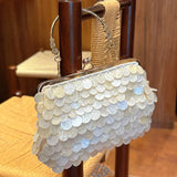  MQTIME  -  Elegant Shell Sequined Clutch Bag, Gold Handle Purse With Metal Flower Frame, Women Clamp Design Handbag For Wedding Party Gift