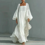  MQTIME  -  White Bohemian Elegant Maxi Dress Woman Sexy Square Collar High Waist Long Dresses Spring Lantern Sleeve Loose Party Gowns