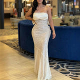 MQTIME  -  Temperament Strapless Sequins Wedding Party Dress Sexy Off Shoulder Bow Decoration Slim Long Dress Lady Solid Backless Prom Gown