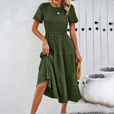 MQTIME  -  Solid Color Midi Dress Round Neck Short Sleeve Pleated A-line Summer Dress Femme Boho Vestidos White Party Dresses