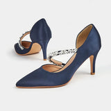 MQTIME  -  Sexy Side Cut Out High Heels Pointed Toe Satin Strap Rhinestone Chain Women Dress Sandals