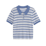 MQTIME  -  Y2K Women Summer Polo Shirt Blue White Contrast Striped Short Sleeve Knitted Blouse Cardigan Casual Commuter Hollow Tops