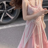 MQTIME  -  Two-piece Suit Women's Pink Gentle Suspender Dress Women's Summer New Vacation Style Seaside Fringed Blouse