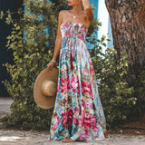 MQTIME  -  Boho Printing Dress Women Beach Maxi Dress Floral Off Shoulder Sundress Strap Bohemian High Waist Summer Beach Dress
