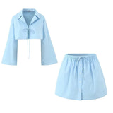 MQTIME  - Fashion Casual Skirt Suit 2024 Summer New Blue Bell Sleeve Shirt Tops with Lace-up Mini Skirt Sexy Two Piece Set Women