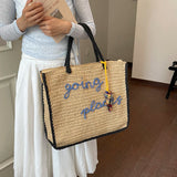  MQTIME  -  Women Large Capacity Hand Woven Straw Tote Bag Top Handles Simple Letter Embroidery Summer Beach Travel Shopping Handbag