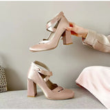 MQTIME  -  Ballet Style Fashion Satin Cross Strap Women Pumps Spring Summer Mary Janes Thick High Heels Lolita Ballet Dancing Chunky Shoes