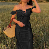  MQTIME  -  New Retro One-word Shoulder Suspender Skirt Sexy Pure Desire Wind Lace-up Lace Dress