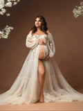 MQTIME  -  Maternity Dress for Pregnancy Light Champgne Prom Party Gowns with Lace Appliques  Photography Props
