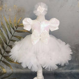 MQTIME  -  White Flower Girl Dresses Tulle Sequin With Bow Short Sleeve For Wedding Birthday First Communion Gowns