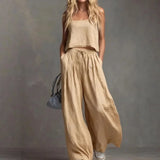 MQTIME  -  Spring and Summer Women's Solid Color Casual Cotton and Linen Suspender Top Wide Leg Pants Set