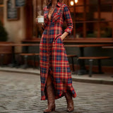MQTIME  -  Plaid Print Shirt Women Dress Long Sleeve Button Side Pocket Casual Holiday Dress Daily Commute Streetwear Loose Maxi Dress