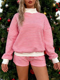  MQTIME  -  Women s Cozy Striped Lounge Set with Relaxed Fit Crew Neck Top and Matching Shorts - 2 Piece Casual Outfit for Stylish Comfort