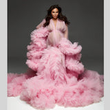MQTIME  -  Luxury Pink Maternity Photoshoot Dresses Ruffle Tulle Maternity Robe Big Train Ruffle Sleeve Pregnancy Party Wear Princess Dress