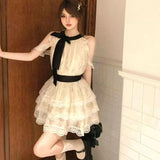MQTIME  -  Vintage Korean Fashion Women Short Dress Sweet Patchwork Lace Dress Bowknot Off Shoulder Girl Fairy Dress